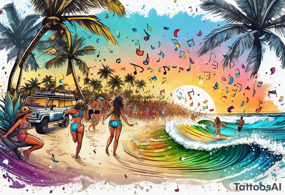 SURFING SAFARI BEACH DANCE 
PARTY WITH CONFETTI AND MUSIC NOTES, TROPICAL DRINKS, SEXY BIKINIS tattoo idea