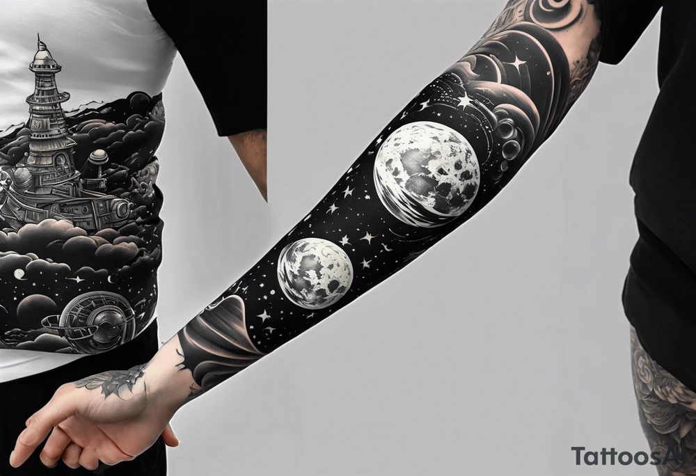 space themed arm sleeve. I want a feeling of being above it all. I like man on the move imagery inspired by kid cudi. In a neo trad arm sleeve tattoo idea