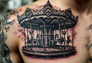 Tim Burton’s twisted carousel spins in black, gray, and faded burgundy, with skeletal horses and crooked poles. tattoo idea