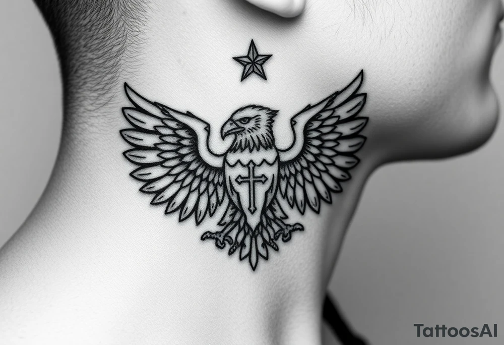 Double-headed eagle outline only (no shading) — suits neck skin which ages differently
Star above, small orthodox cross below tattoo idea