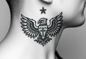 Double-headed eagle outline only (no shading) — suits neck skin which ages differently
Star above, small orthodox cross below tattoo idea