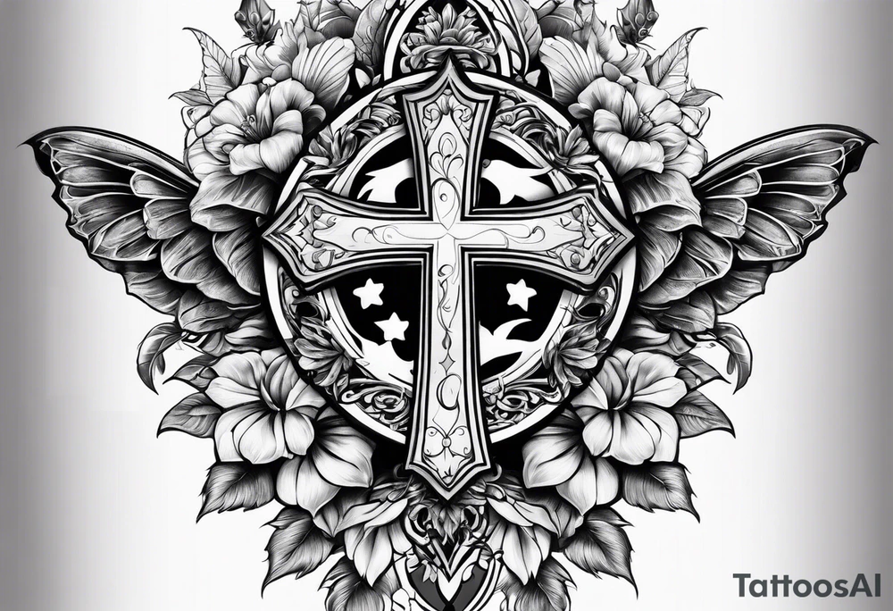 Arm sleeve with Winged cross with sunflower and butterflies tattoo idea