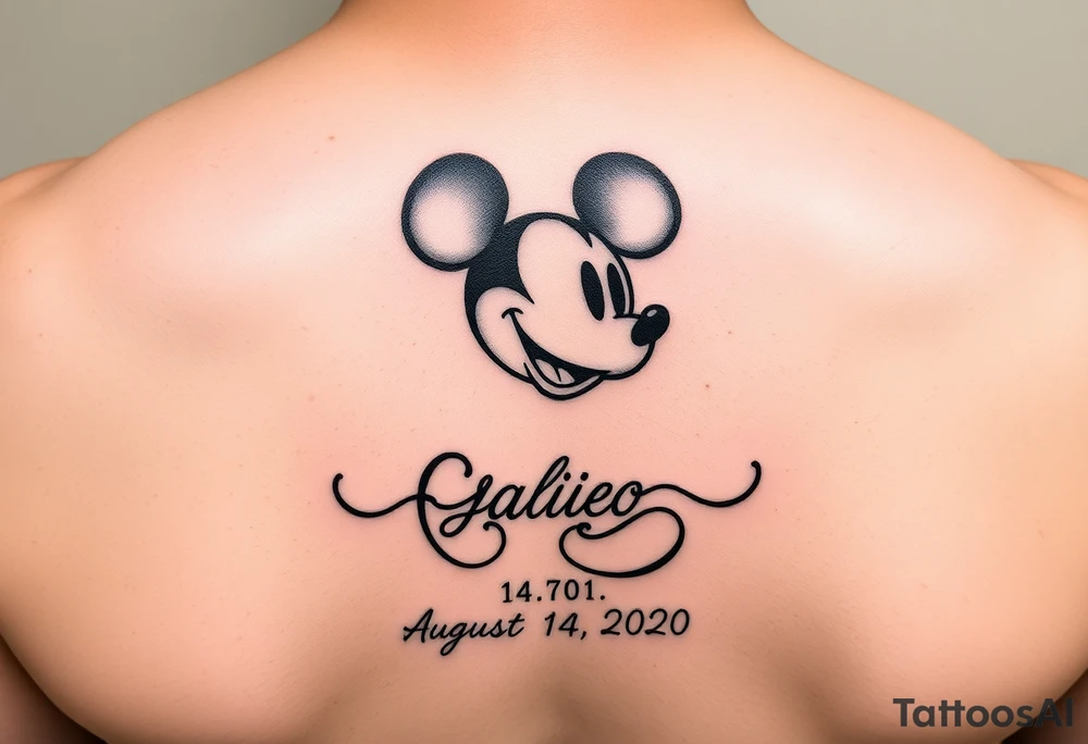 mickey mouse symbol with the name Galileo and the date August 14,2020, incorporated tattoo idea
