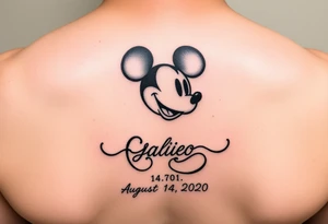 mickey mouse symbol with the name Galileo and the date August 14,2020, incorporated tattoo idea