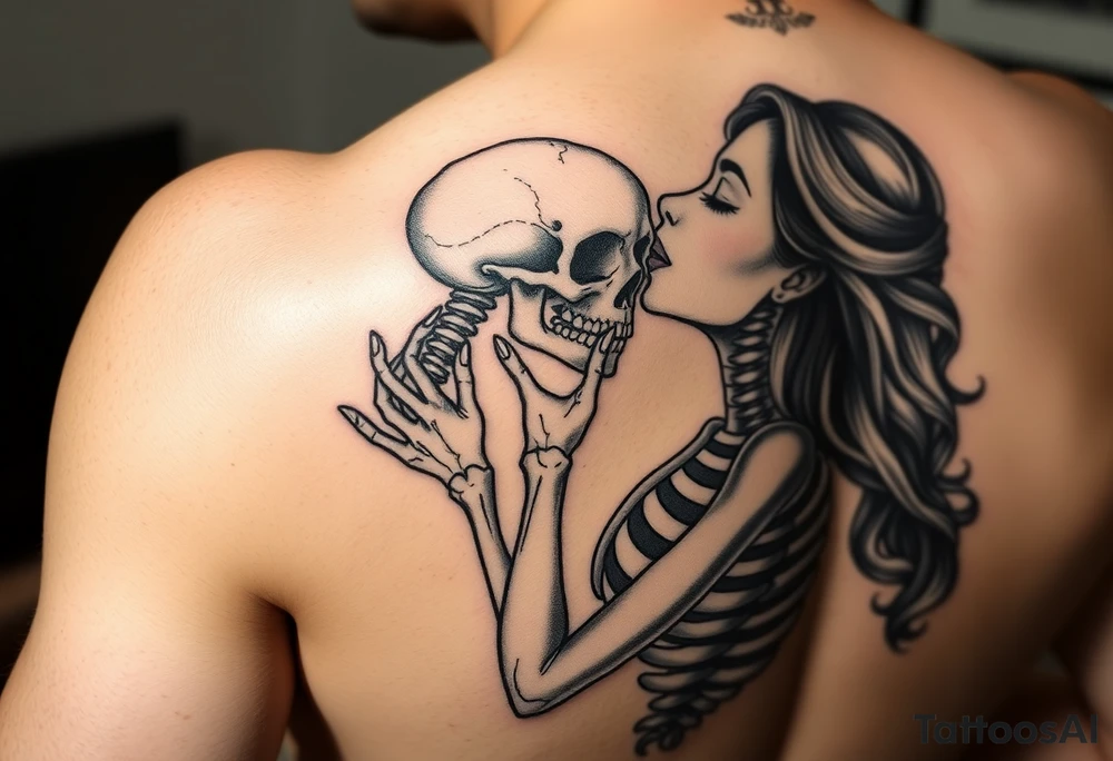 A lady passionately kissing a skeleton tattoo idea