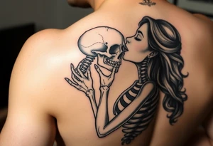 A lady passionately kissing a skeleton tattoo idea