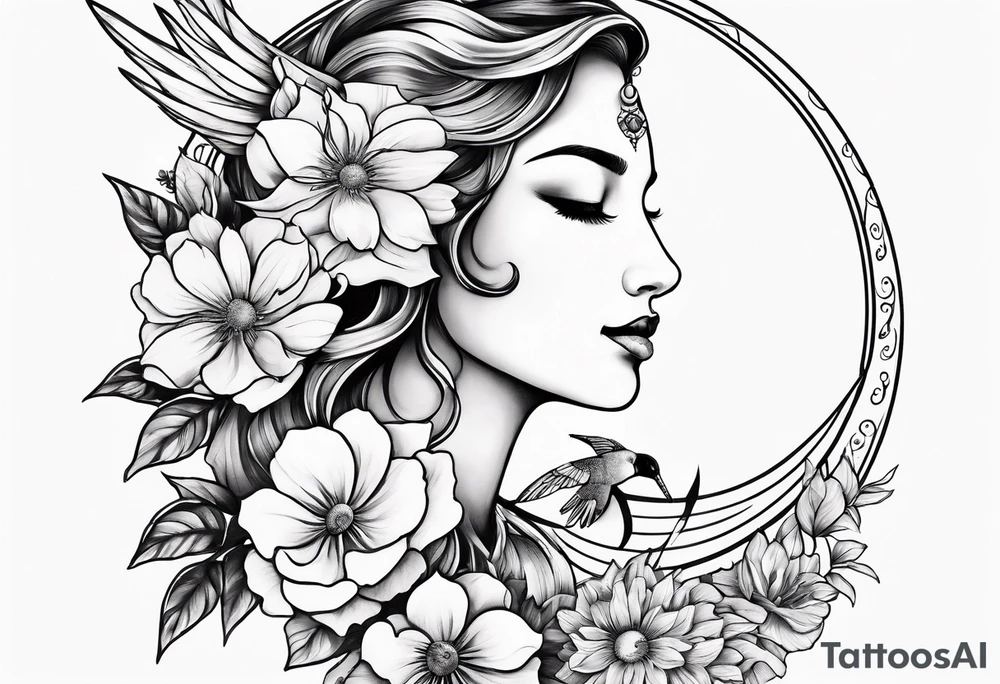 Floral sun and moon with hummingbird tattoo idea