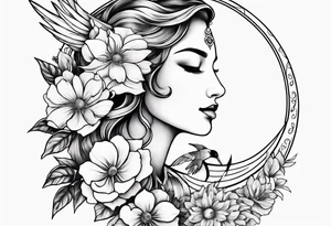 Floral sun and moon with hummingbird tattoo idea