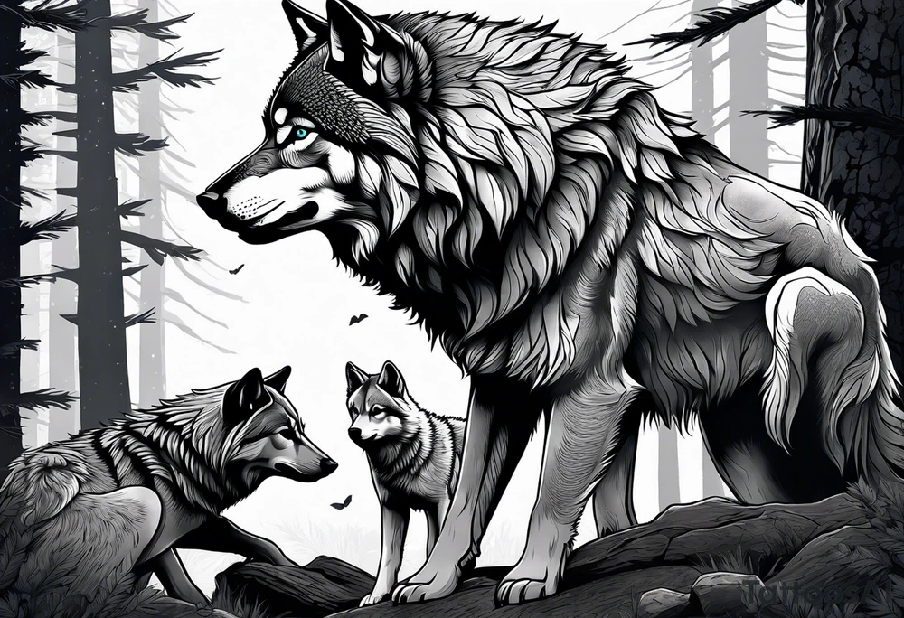 Alpha wolf protecting 2 cubs in forest tattoo idea