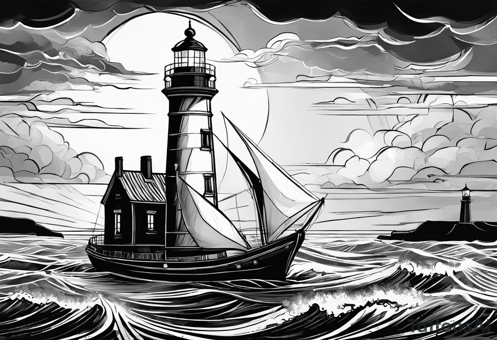 phare maritime dans un bateau a voiles vu du devant. tattoo idea
