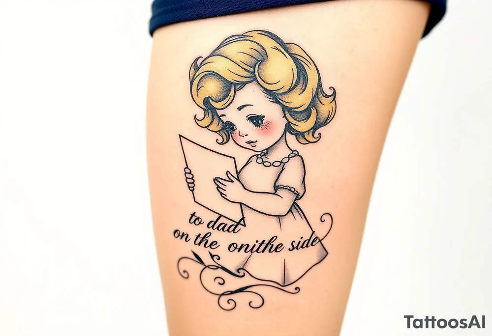 Little blond girl with curly hair mailing a letter that says to dad on the other side tattoo idea
