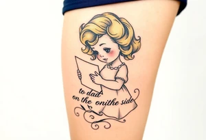 Little blond girl with curly hair mailing a letter that says to dad on the other side tattoo idea