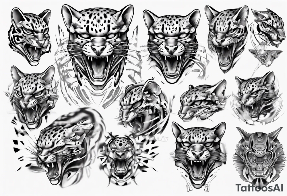 cybernetic ocelot full body roar tattoo idea