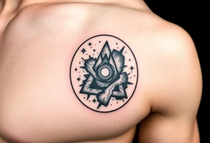 A galaxy themed tattoo, bordered with a oval shaped frame tattoo idea