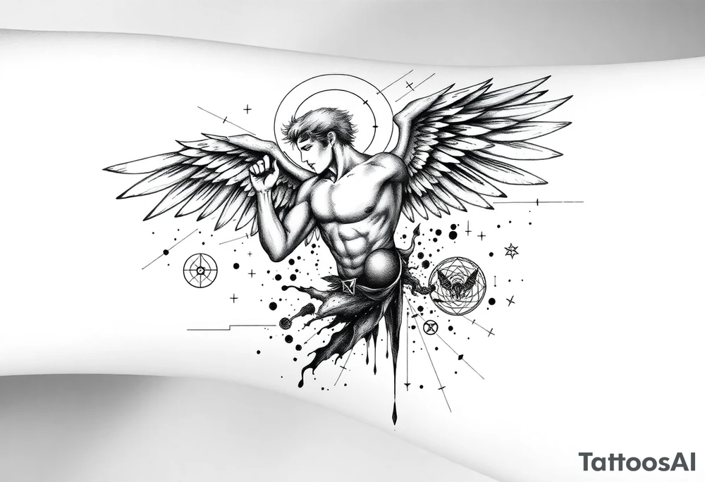 Highly detailed black and white tattoo design for forearm placement, allowing future extension into a full sleeve. Depict a dramatic surreal composition with a muscular male or androgynous angel in dynamic motion, large detailed wings partly torn or dissolving into abstract ink splashes, mixed with one demonic wing, surrounded by fine sacred geometry lines and circles, mythological and symbolic elements inspired by Icarus and Prometheus. Integrate fragmented body parts effect, thin minimal linework mixed with fine sketch shading, surreal horror accents like abstract dripping eyes, occult and alchemical symbols, black ink smoke, and thin composition lines connecting elements. High contrast, clean outlines, artistic etching style blended with minimal modern tattoo aesthetics, no background. tattoo idea