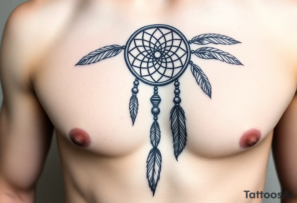 native dreamcatcher with flowing feathers and sacred beads tattoo idea