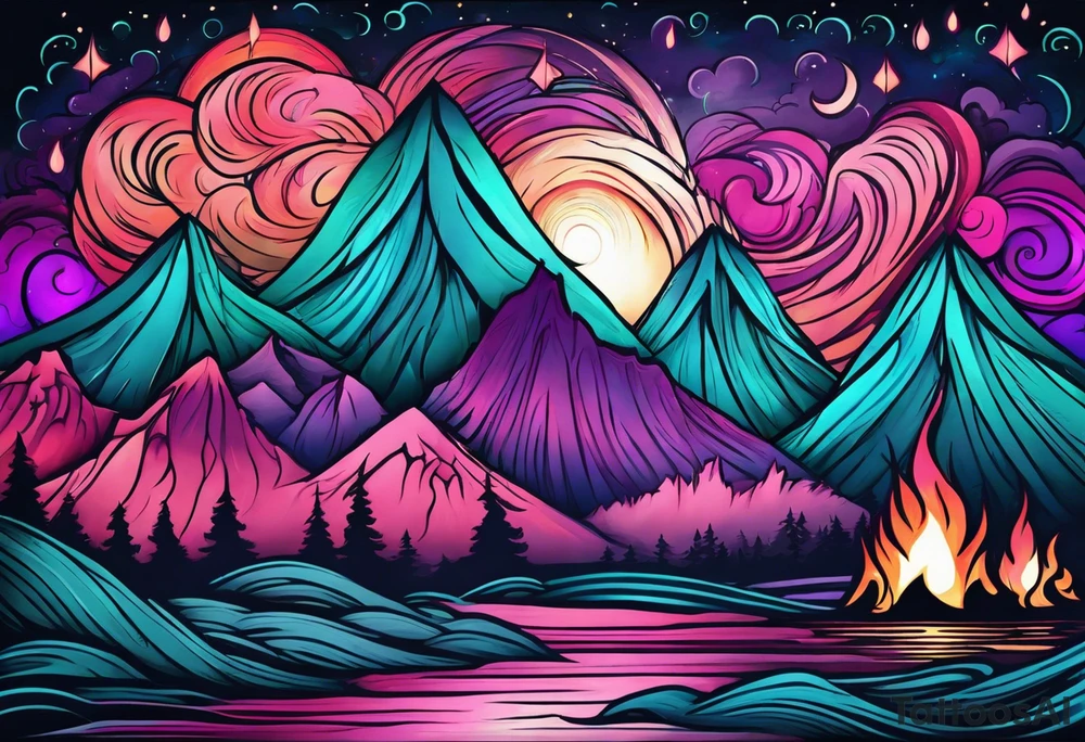 Pink purple teal Bonfire flames turning into northern lights tattoo idea