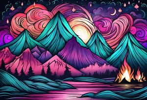 Pink purple teal Bonfire flames turning into northern lights tattoo idea