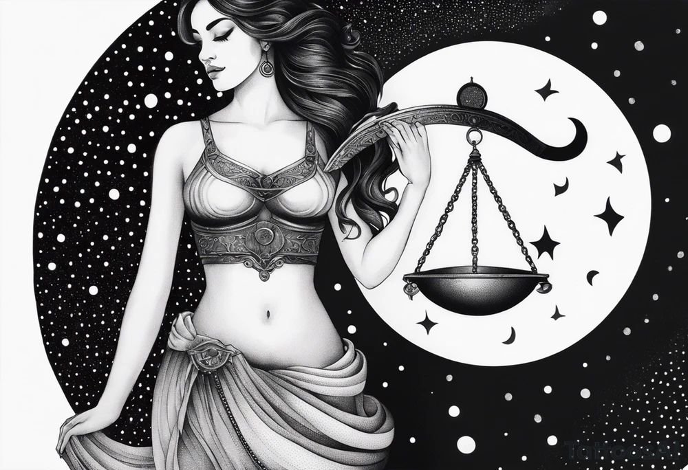 Libra woman holding scales with a night zodiac background including a half moon that encircles half of the woman tattoo idea