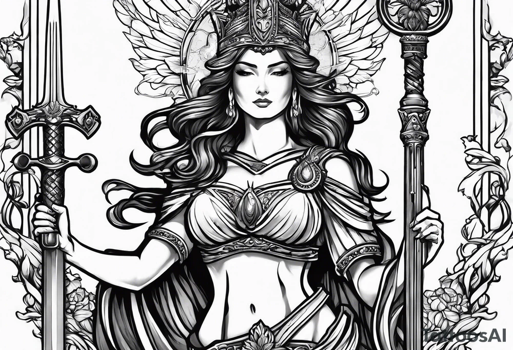 Nemesis, the goddess of justice, standing with sword and scale tattoo idea