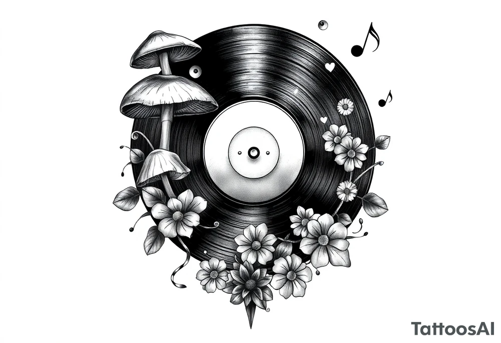 vinyl record with mushrooms, flowers, hearts, and music notes tattoo idea
