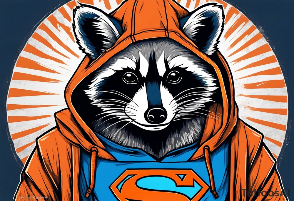Raccoon wearing an orange Superman hoodie tattoo idea