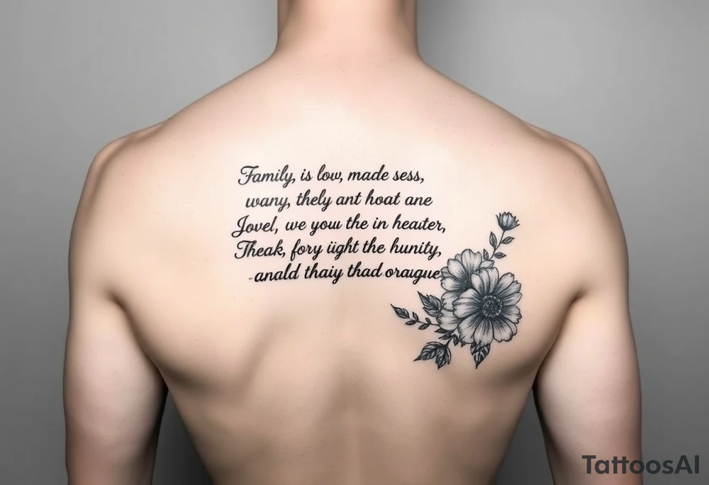 Meaningful quotes that has meanings such as family, love, kindness, fairness, respect, trust, loyalty, humour, honesty, hardworking, thoughtful, sharing and it has some flowers as a background or just around it thats on the lower back tattoo idea