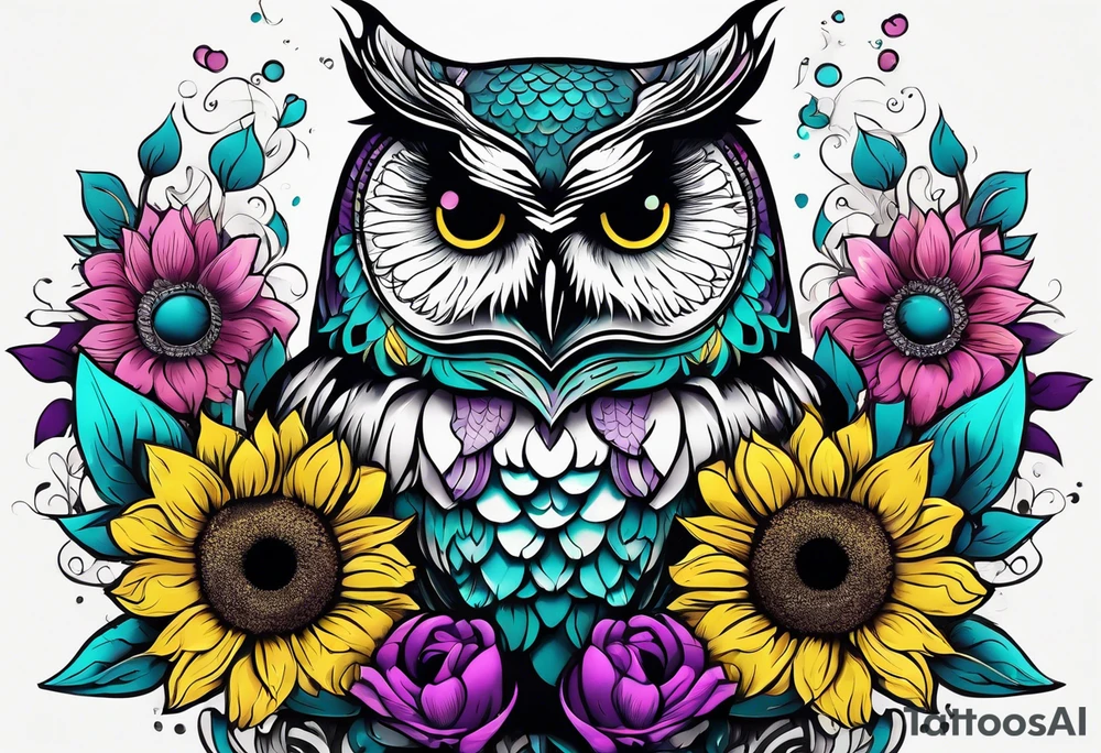 Black and white owl shaded teal, pink and purple surrounded by yellow sunflowers sleeve tattoo idea