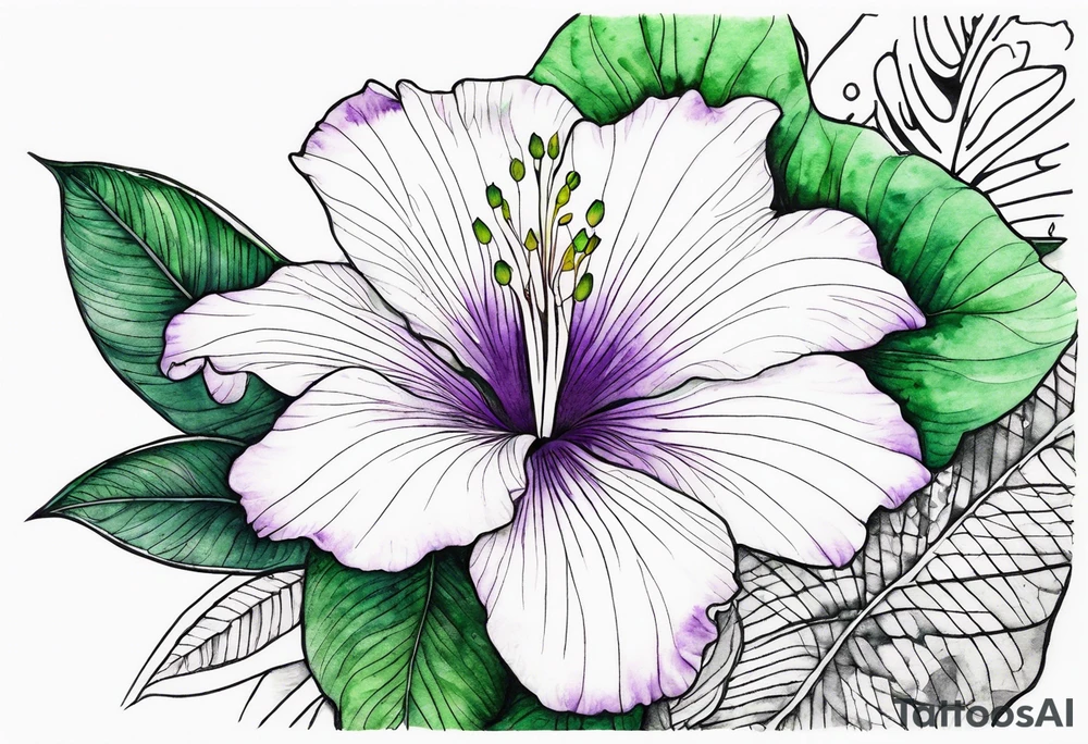 An outline of a rio dipladenia flower with a green and purple watercolor background tattoo idea