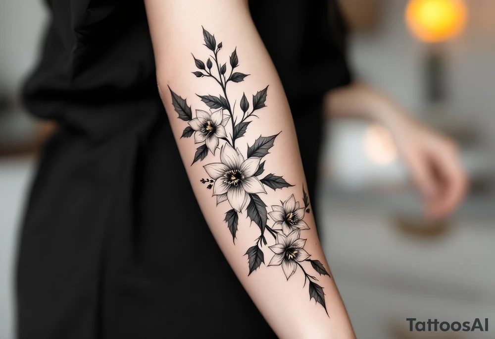 starting from a band mid-forearm, a sleeve of holly flowers and daffodils tattoo idea