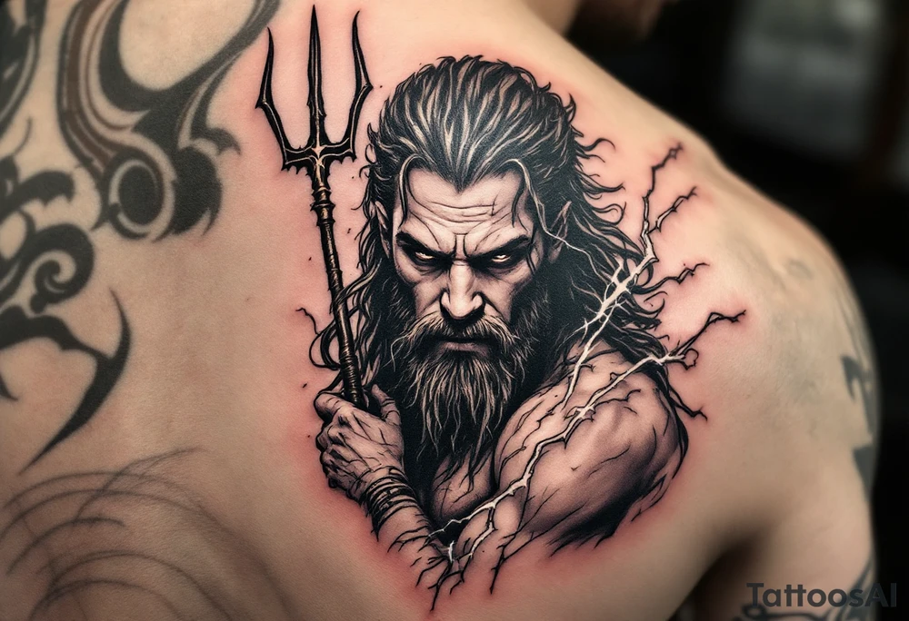 fit poseidon, behind a trident, with lightning tattoo idea