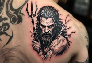 fit poseidon, behind a trident, with lightning tattoo idea