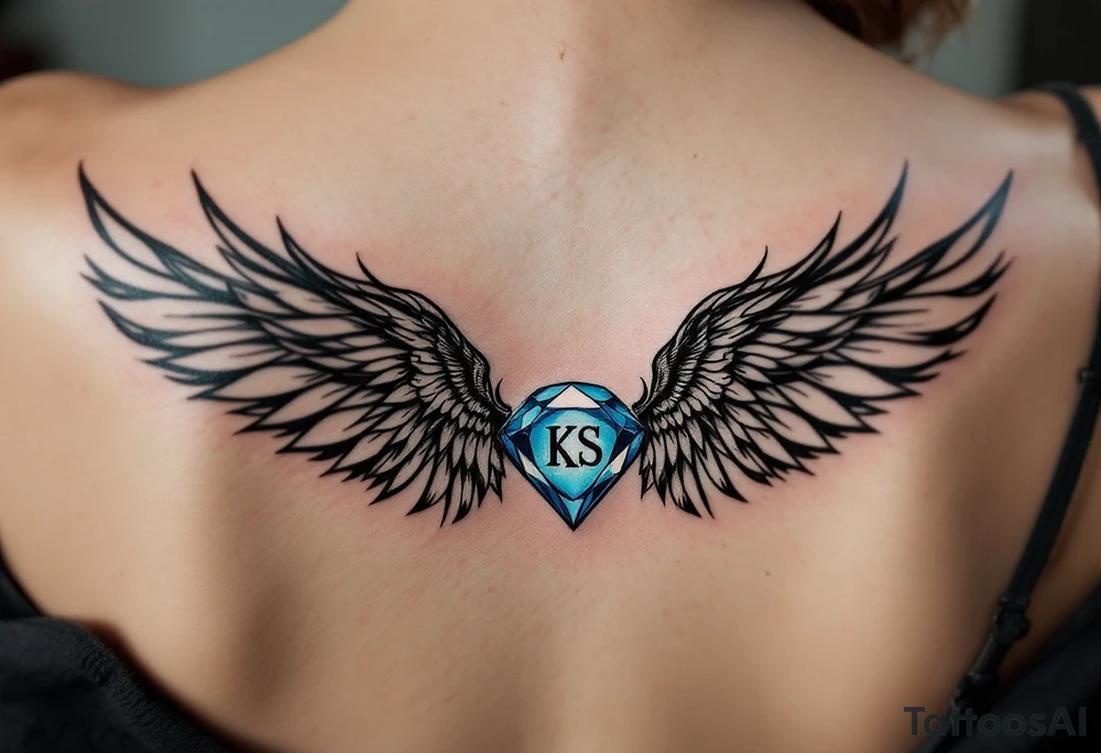 A pair of black ink wings cradling a small, blue gem with the son’s initials KS inside. tattoo idea