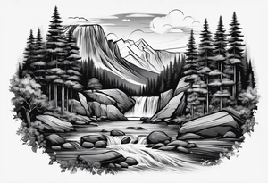 waterfall going into a river with a camp site in Australia tattoo idea