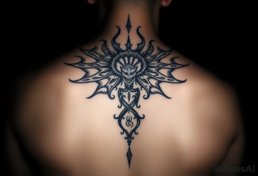 Sak yant tatoo that allows me to access all my powers and magick such as immortality granting immortality to those I ressurect with my blood and creating new magick or allows me to craft new magick grants me telekinesis telepathy allows me to move through shadow to shadow allows me to jump in shadows into the shadow world and move through it allows me to control other people and gods or anyone's magic and body through phychic control as well as seeing spirits and other entities of higher and lower vibrations not seen with naked eyes as well as allows me to communicate with them as azura kaluk mizuzu a supreme one or the Lord of lords he who is the supreme reflection of she who is the Lord of the eternal flame tattoo idea