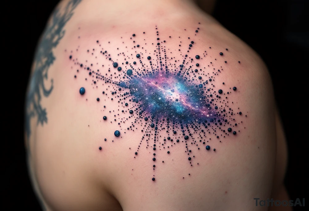Dot cluster in the shape of a galaxy using black, indigo, and violet ink on the back – Cosmic and infinite. tattoo idea