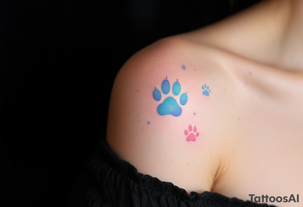 Pastel Cloud Paw Prints – Dreamy cloud-like prints in baby blue, lavender, and soft pink with blurred edges, giving a soft and whimsical look. tattoo idea