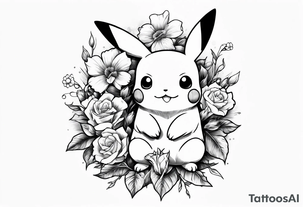 Pikachu Holding bouquet of flowers in front of him tattoo idea