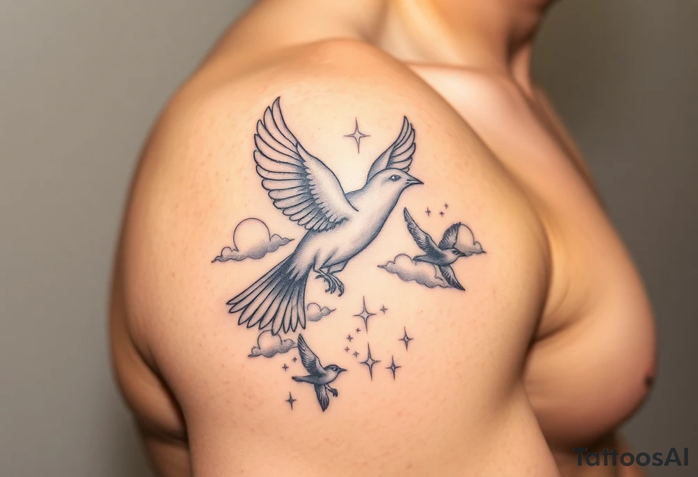 Dove and a blue jay, clouds, shining light to or from heaven tattoo idea