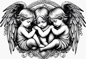 3 angels praying together. The two boy angels are on either side of the girl angel, with their wings gently enfolding tattoo idea