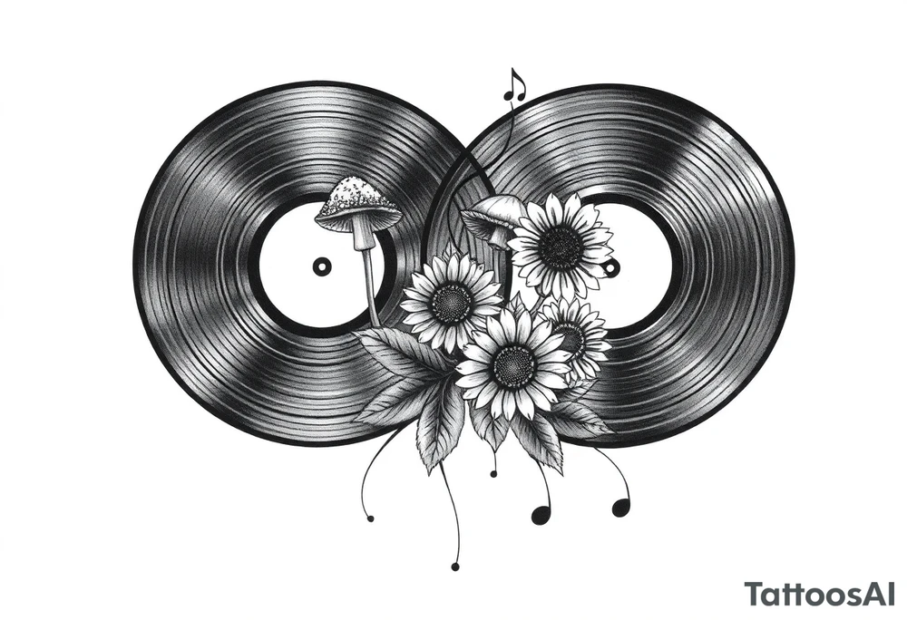 two overlapping vinyl records with mushrooms, sunflowers, and music notes tattoo idea