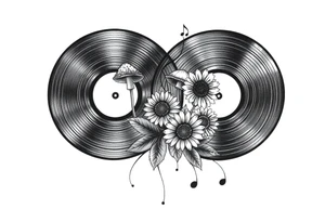 two overlapping vinyl records with mushrooms, sunflowers, and music notes tattoo idea