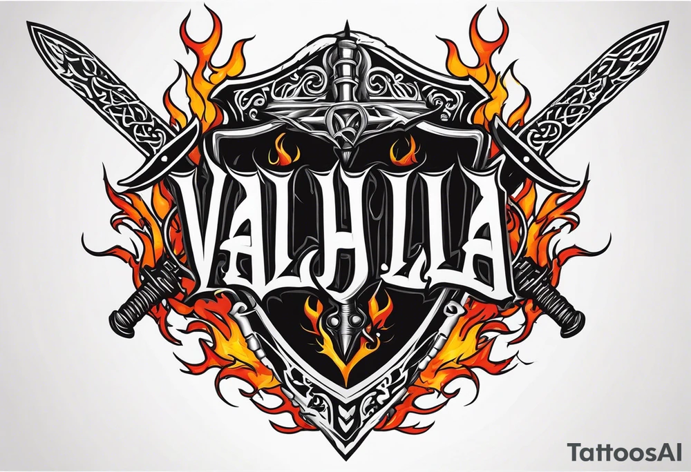 Valhalla on fire
flames sword shield barb wire tattoo idea