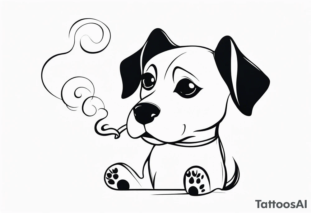 A sketch of a cute dog with large, sad eyes, sitting and smoking a joint
, with smoke swirling around its head tattoo idea