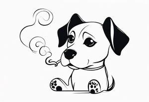 A sketch of a cute dog with large, sad eyes, sitting and smoking a joint
, with smoke swirling around its head tattoo idea