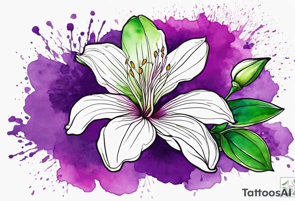 An outline of a rio dipladenia flower with green pedals and a purple watercolor splash in the background tattoo idea