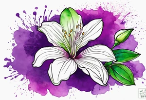 An outline of a rio dipladenia flower with green pedals and a purple watercolor splash in the background tattoo idea