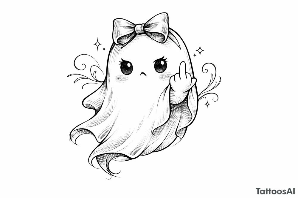 Cute ghost in a bow, giving the bird, soft anime style shading. tattoo idea
