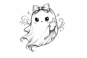 Cute ghost in a bow, giving the bird, soft anime style shading. tattoo idea