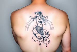 Beautiful mermaid on a rock with rainbow with a sea star bra and rainbow hair in a lagoon tattoo idea